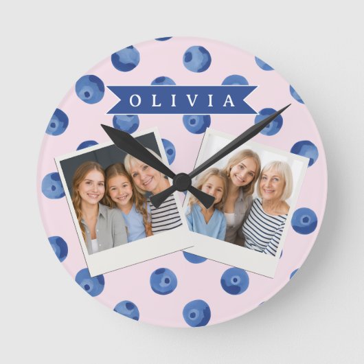 Personalized Cute Blueberry Watercolor Gift Name ラウンド壁時計 (正面)