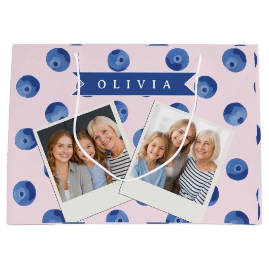 Personalized Cute Blueberry Watercolor Gift Name ラージペーパーバッグ (正面)