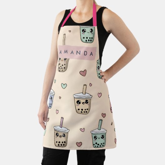 Personalized Cute Boba Tea Pattern エプロン (インサイチュ)
