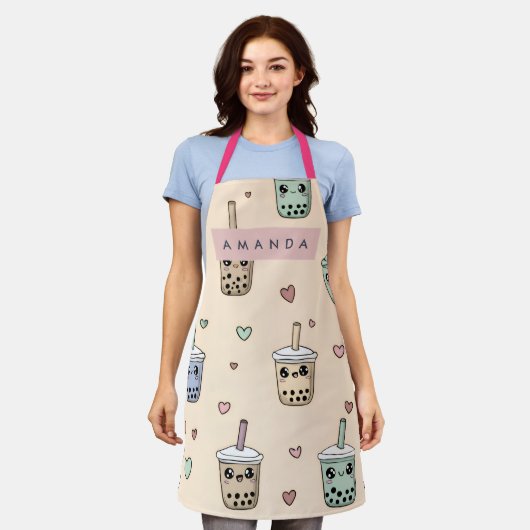 Personalized Cute Boba Tea Pattern エプロン (着用した状態)