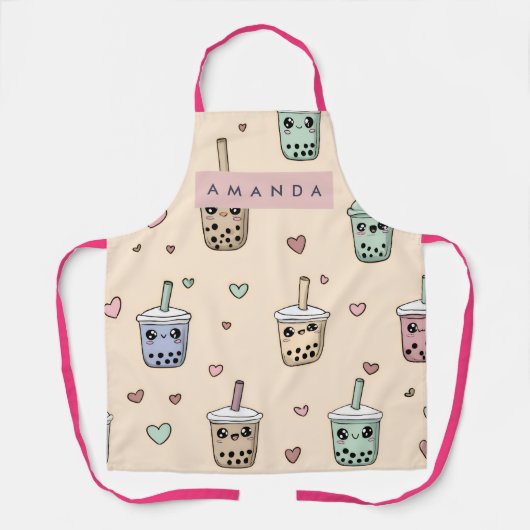 Personalized Cute Boba Tea Pattern エプロン (正面)
