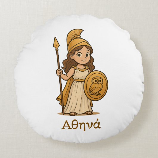 Personalized Cute Cartoon Athena Greek Goddess ラウンドクッション (正面)