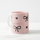 Personalized Cute Chic Pink Bow & Heart Pattern ツートーンマグカップ (正面左)