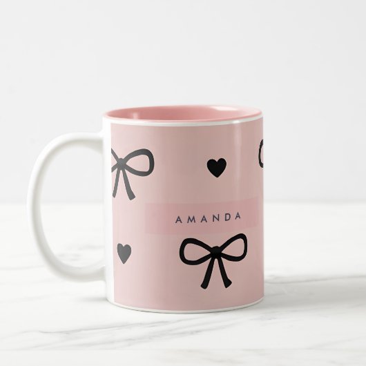 Personalized Cute Chic Pink Bow & Heart Pattern ツートーンマグカップ (左)