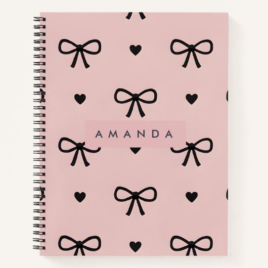 Personalized Cute Chic Pink Bow & Heart Pattern ノートブック (正面)