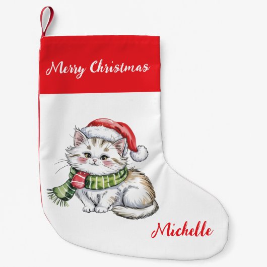Personalized Cute Christmas Cat Holiday スモールクリスマスストッキング (正面)