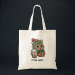 Personalized Cute Christmas Cat Tote Bag トートバッグ<br><div class="desc">Personalized cute Christmas cat tote bag featuring an adorable kawaii kitty wearing a festive winter hat and holding a holiday gift and iced coffee. This charming holiday tote bag is perfect for cat lovers and anyone who enjoys cozy winter designs. Add your own custom name to make this tote bag...</div>