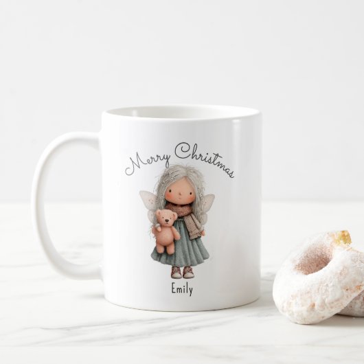 Personalized Cute Christmas Fairy Girl and Teddy   コーヒーマグカップ (ドーナツ)