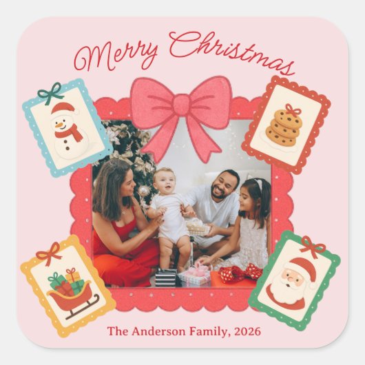Personalized Cute Christmas Photo Collage  スクエアシール (正面)