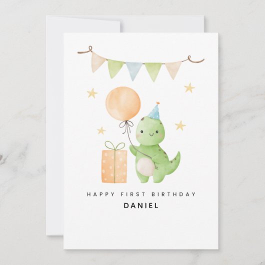 Personalized Cute Dinosaur Watercolor 1st Birthday カード (正面)
