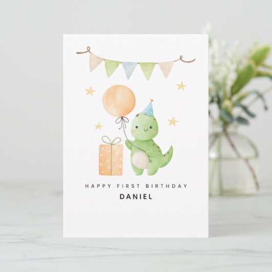 Personalized Cute Dinosaur Watercolor 1st Birthday カード (スタンド正面)