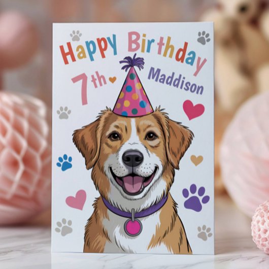 Personalized Cute Dog 7th Birthday Card for Kids カード