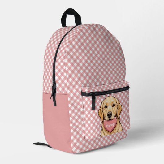 Personalized Cute Dog with Heart Plaid Pattern プリントバックパック (裏面左端)