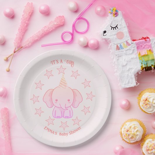 Personalized Cute Elephant Pink Baby Shower ペーパープレート (パーティー)