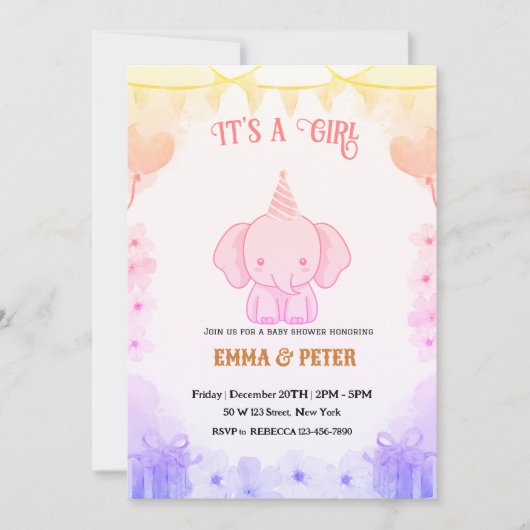 Personalized Cute Elephant Pink Baby Shower 招待状 (正面)