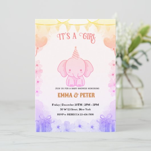Personalized Cute Elephant Pink Baby Shower 招待状 (スタンド正面)