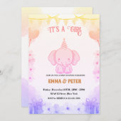 Personalized Cute Elephant Pink Baby Shower 招待状 (正面/裏面)
