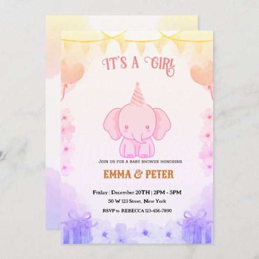 Personalized Cute Elephant Pink Baby Shower 招待状 (正面/裏面)
