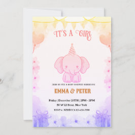 Personalized Cute Elephant Pink Baby Shower 招待状