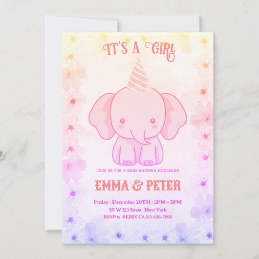 Personalized Cute Elephant Pink Baby Shower 招待状 (正面)