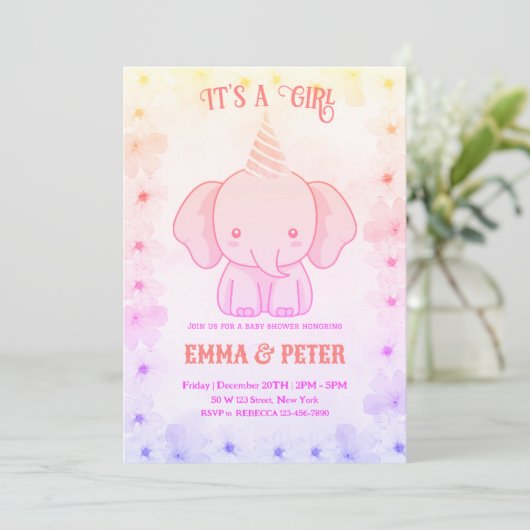 Personalized Cute Elephant Pink Baby Shower 招待状 (スタンド正面)