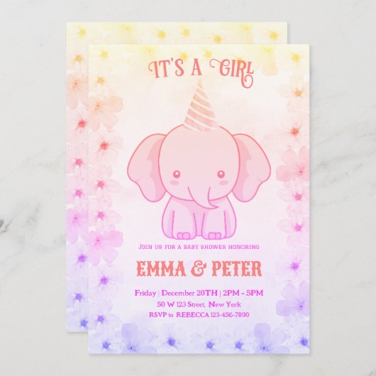 Personalized Cute Elephant Pink Baby Shower 招待状 (正面/裏面)