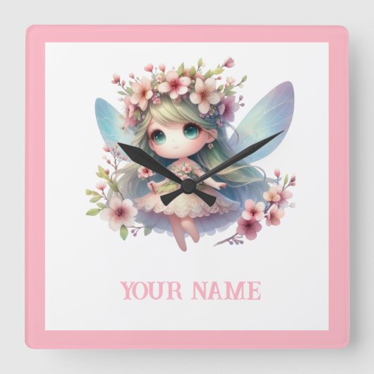 Personalized cute Fairy & Floral Wreath スクエア壁時計 (正面)