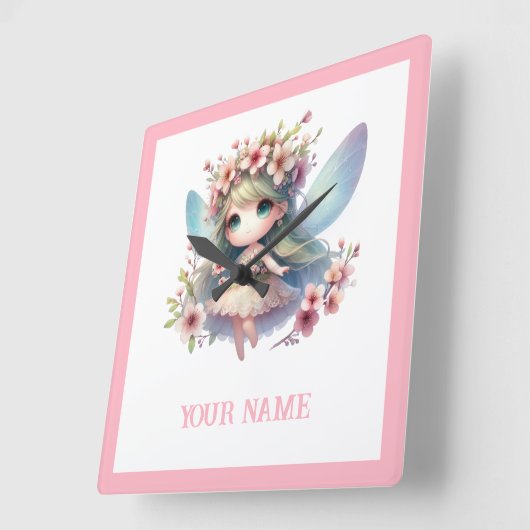 Personalized cute Fairy & Floral Wreath スクエア壁時計 (傾斜)