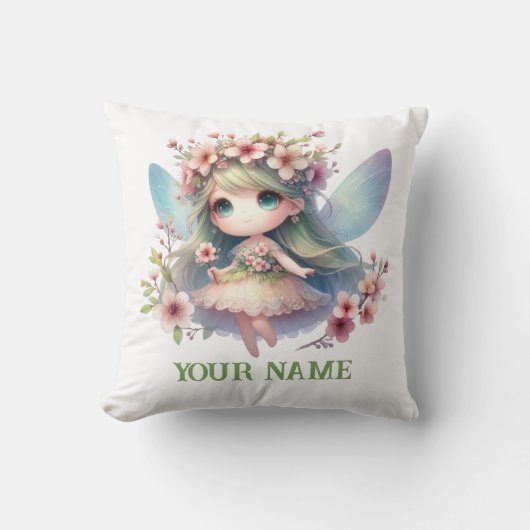 Personalized Cute Fairy & Floral Wreath Pillow クッション (正面)