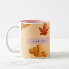Personalized Cute Fall Croissant Café Leaves ツートーンマグカップ