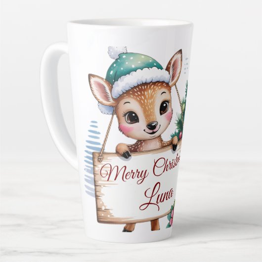 Personalized Cute Fawn Deer Merry Christmas カフェラテマグ (左アングル)