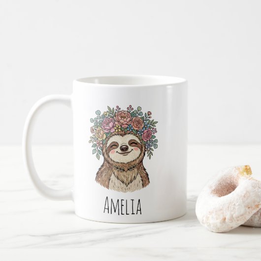 Personalized Cute Floral Sloth with Flower Crown   コーヒーマグカップ (ドーナツ)