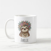Personalized Cute Floral Sloth with Flower Crown   コーヒーマグカップ (左)