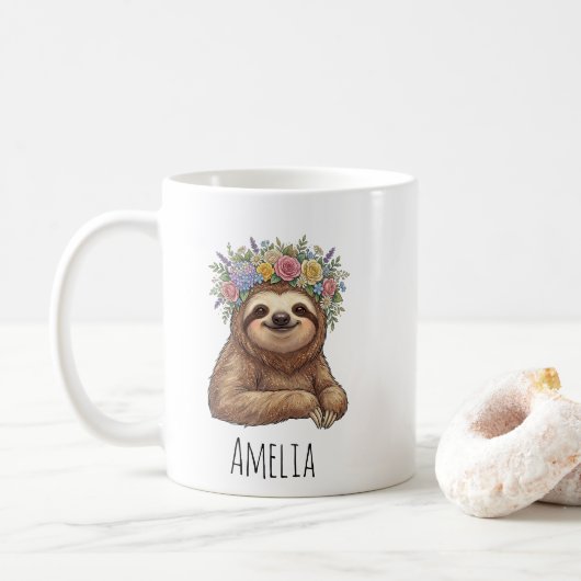 Personalized Cute Floral Sloth with Flower Crown   コーヒーマグカップ (ドーナツ)