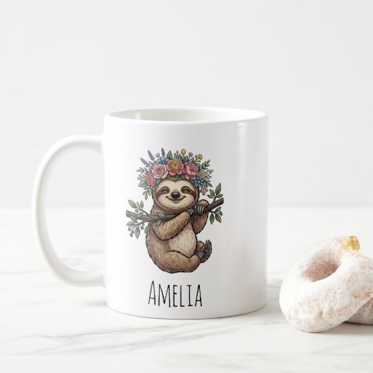 Personalized Cute Floral Sloth with Flower Crown   コーヒーマグカップ (ドーナツ)