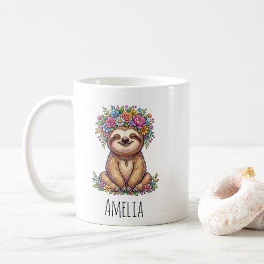 Personalized Cute Floral Sloth with Flower Crown   コーヒーマグカップ (ドーナツ)