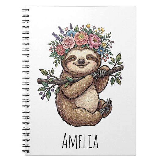 Personalized Cute Floral Sloth with Flower Crown ノートブック (正面)