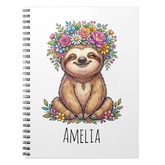 Personalized Cute Floral Sloth with Flower Crown ノートブック (正面)