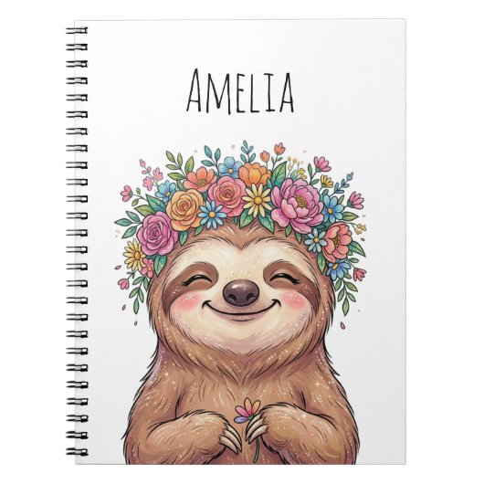 Personalized Cute Floral Sloth with Flower Crown ノートブック (正面)