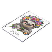 Personalized Cute Floral Sloth with Flower Crown ノートブック (左側)
