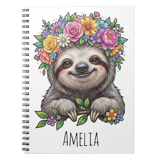 Personalized Cute Floral Sloth with Flower Crown ノートブック (正面)