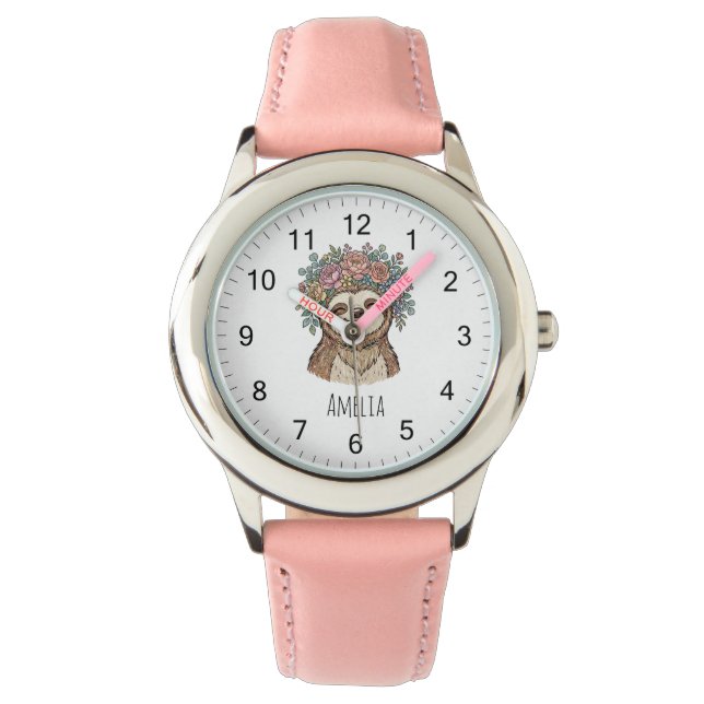 Personalized Cute Floral Sloth with Flower Crown   腕時計 (正面)
