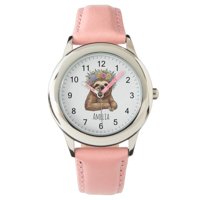 Personalized Cute Floral Sloth with Flower Crown   腕時計 (正面)