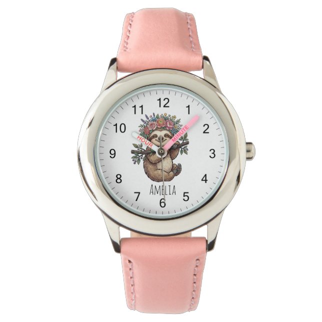 Personalized Cute Floral Sloth with Flower Crown   腕時計 (正面)