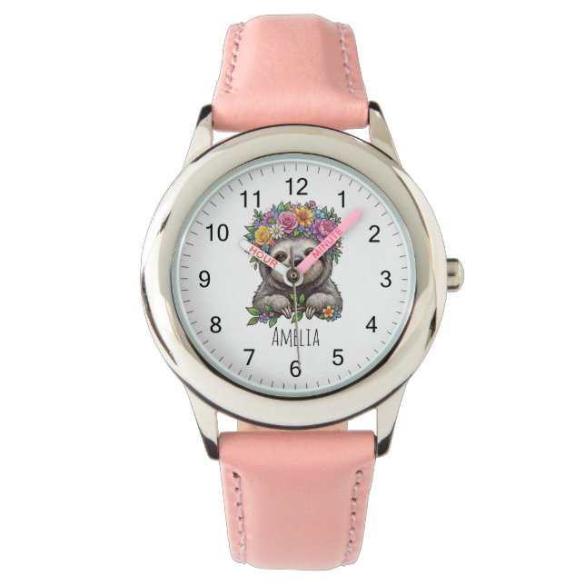 Personalized Cute Floral Sloth with Flower Crown   腕時計 (正面)