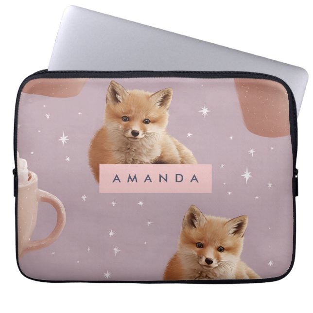 Personalized Cute Fox and Hot Cocoa Pattern ラップトップスリーブ (正面)