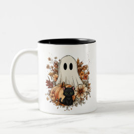 Personalized Cute Ghost and Black Cat Autumn Mug ツートーンマグカップ