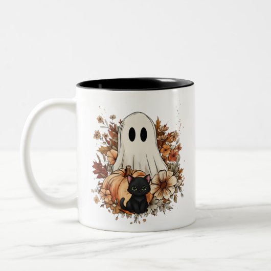 Personalized Cute Ghost and Black Cat Autumn Mug ツートーンマグカップ (左)