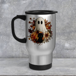 Personalized Cute Ghost and Black Cat Autumn Mug トラベルマグ