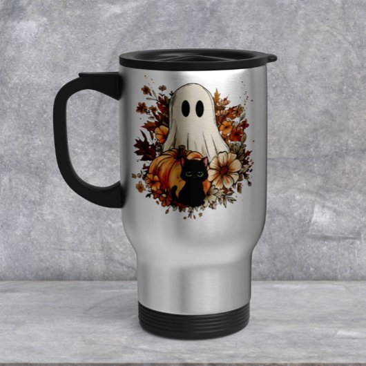 Personalized Cute Ghost and Black Cat Autumn Mug トラベルマグ